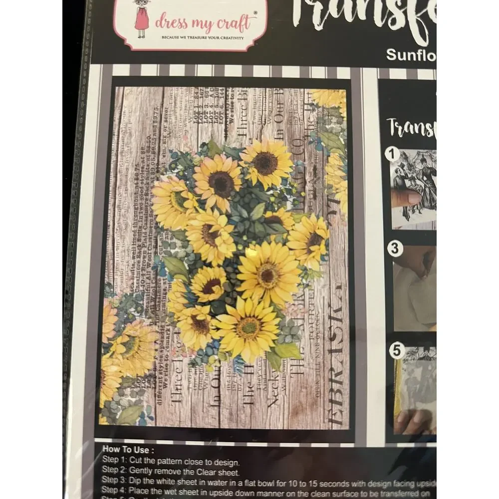 New Sealed Dress My Craft Transfer Me Sunflowers Floral Dip In Water Wood Script